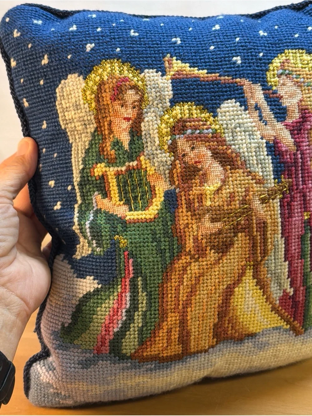 Vintage Wool Needlepoint Trow Pillow Lillian Vernon‎ Blue Velvet ANGELS 1993